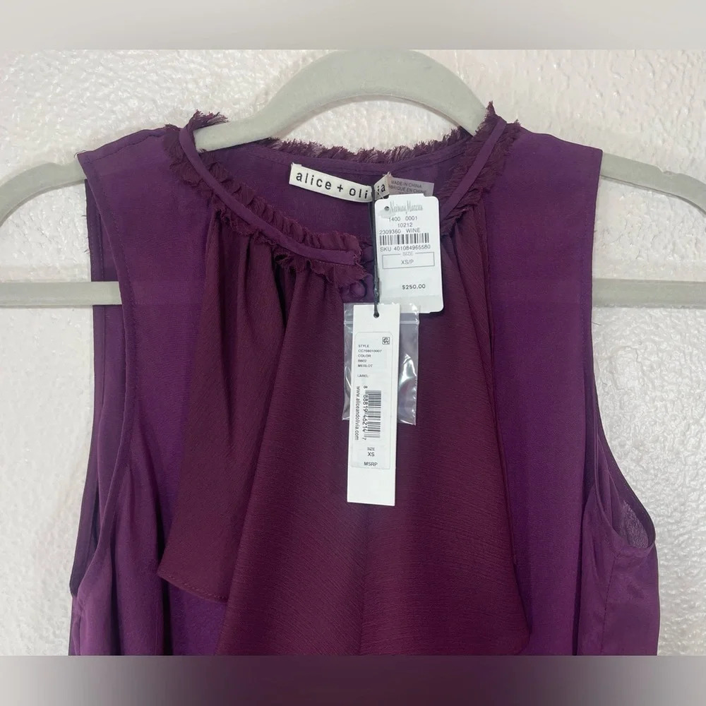 Alice + Olivia Silk Elisa High Neck Wine Merlot Ruffle Sleeveless Top Women’s XS - Picture 4 of 16